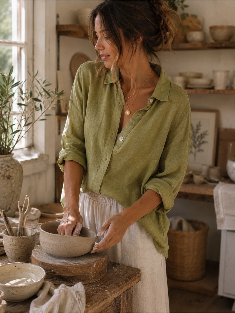 Hot Cotton Small Olive Green Linen Button Front top granola Lightweight Boho Top